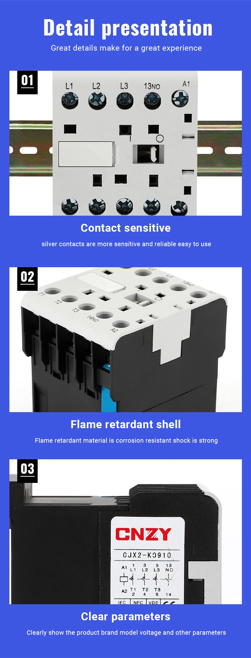 Description Picture 6 of itemCJX2-K Mini AC Contactor Din Rail 3P 3main 1NO/3main Coil Voltage 220V 50/60Hz 6A 9A 12A 16A