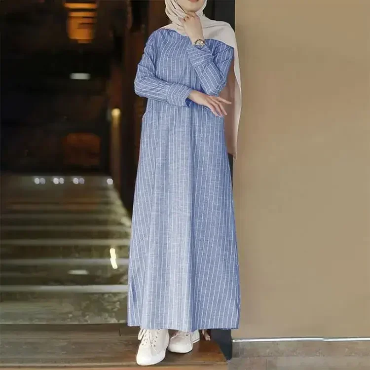 

Muslim Abayas for Women Retro Women's Cotton and Hemp Pullover Casual Temperament Stripes Abayas Round Neck A-line Skirt Dress