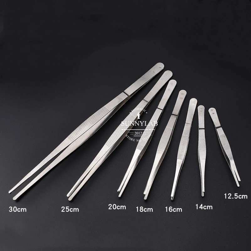 7pcs/set Thicken Stainless Steel Medical Straight Tweezers, Round-head Surgical Tweezer 12.5/14/16/18/20/25/30cm for Laboratory