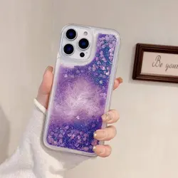 Sparkling Clear Glitter Quicksand Shockproof Phone Case with Bling Sequins - iPhone 15 Plus (Purple)
