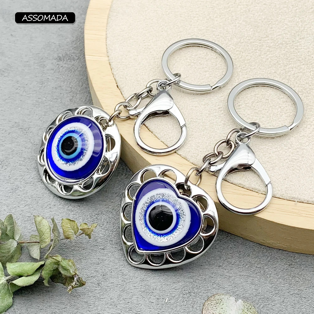 

ASSOMADA Heart Evil Eye Keychains Women Turkish Lucky Blue Eye Charms Round Bag Car Key Chain Ring For Men Gift 2022
