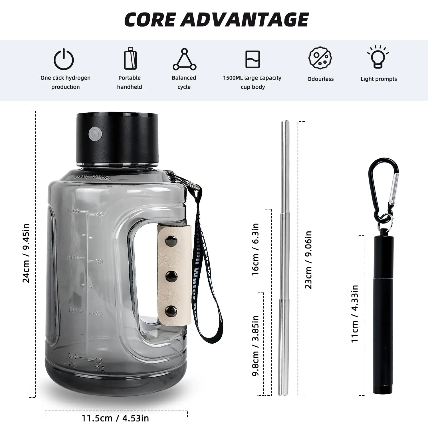 Portable 57OZ Hydrogen Water Bottle with SPE Technology, Rechargeable 1.5L Generator & Foldable Straw for Home, Office, Travel