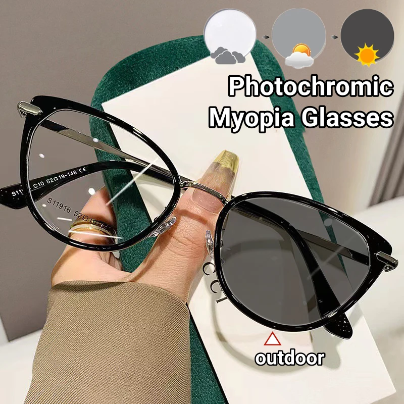 Retro Ultra Licht Cat Eye Rahmen Photochrome Myopie Gläser High-end-Farbwechsel Gläser Anti Blau Licht Nahe Sicht gläser