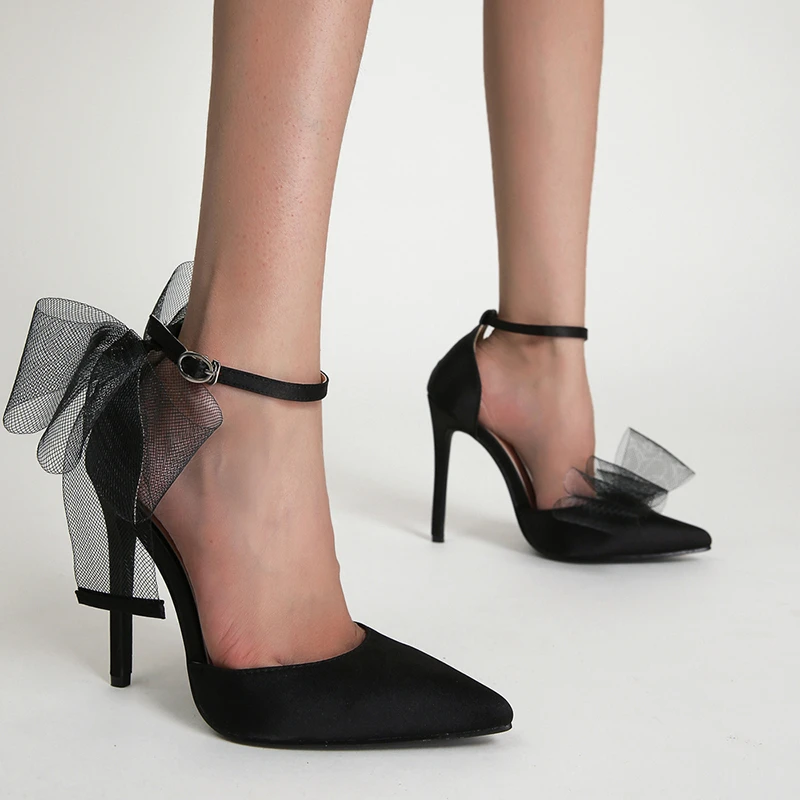 Asymmetrical Bow Tie Woman Satin Stiletto Elegant Ankle Strap Party Bow-knot  Sandals Sexy High Heels White Wedding Shoes - Pumps - AliExpress