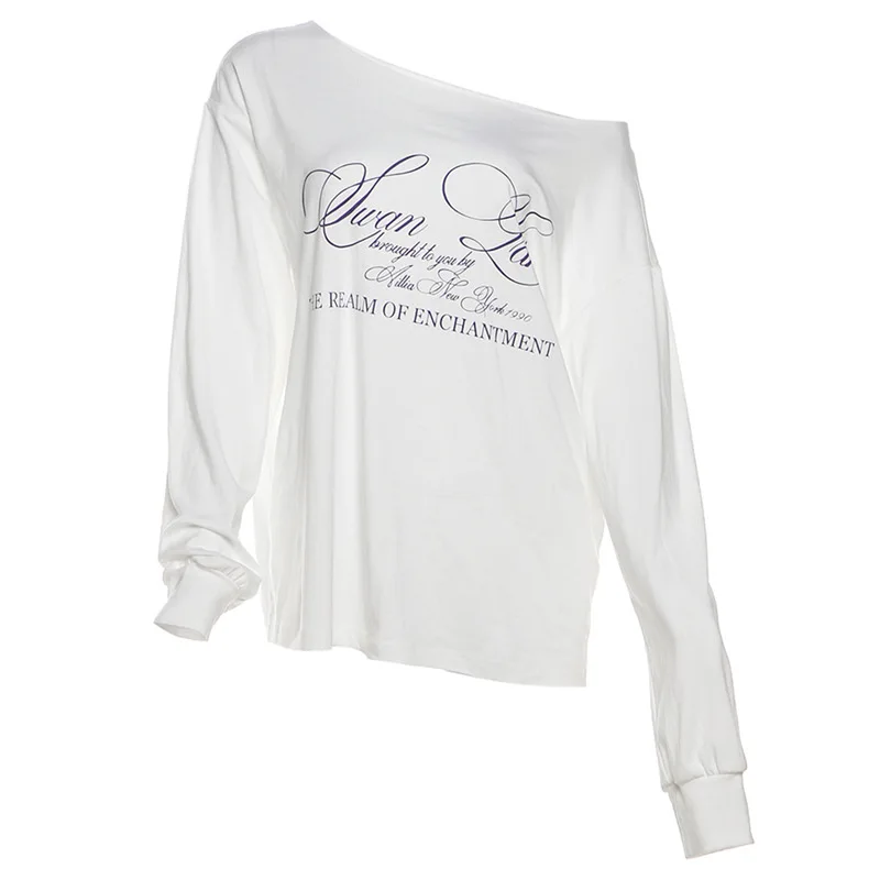 Sisterlinda Tägliche T-Shirts im vielseitigen Stil für Damen, Briefdruck, geneigte Schulter, volle Ärmel, Herbst, lässig, einfache Mode-Tops – Detail 2