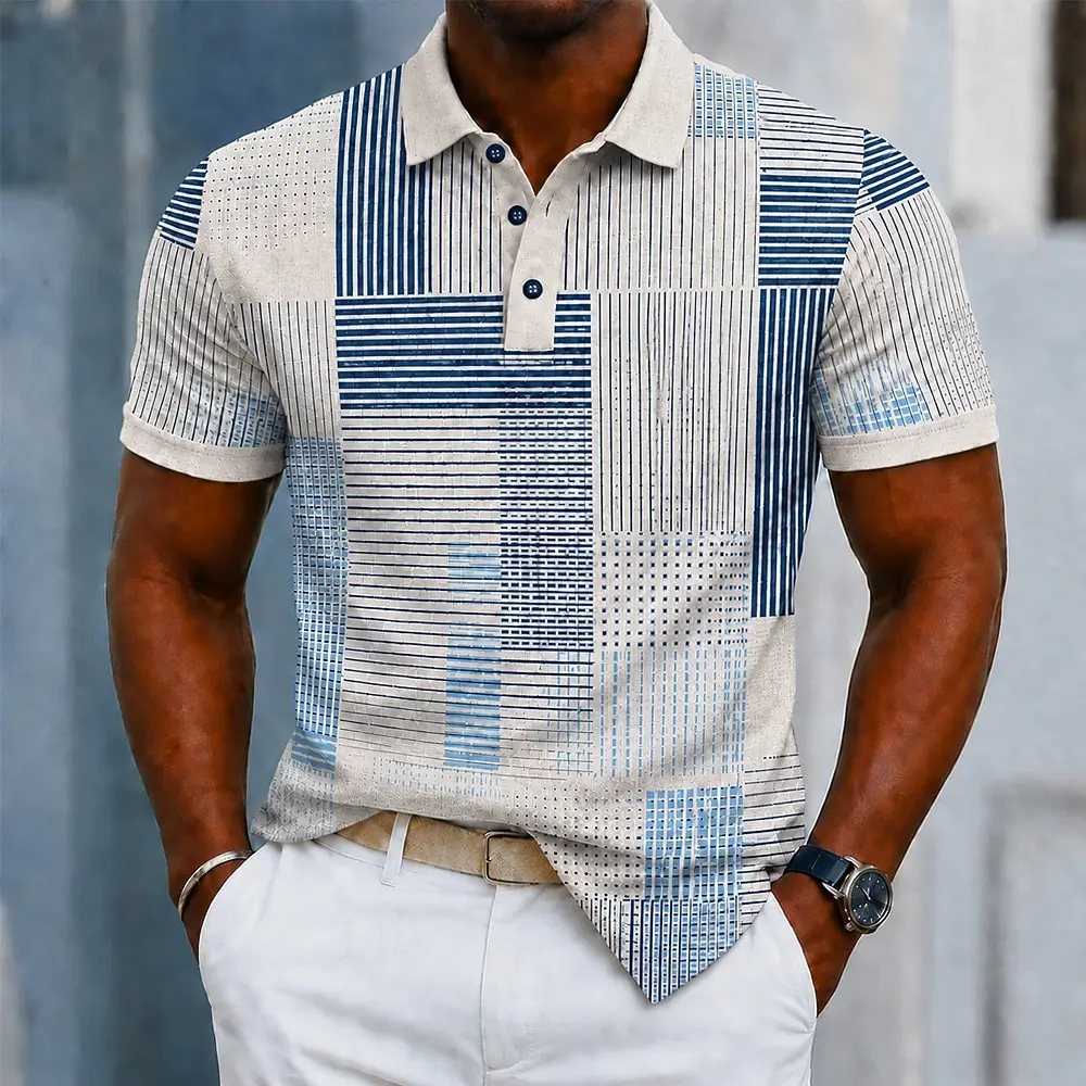 Polo da uomo beige con stampa a righe geometriche, top casual per streetwear primaverile ed estivo e occasioni smart casual - immagine 3