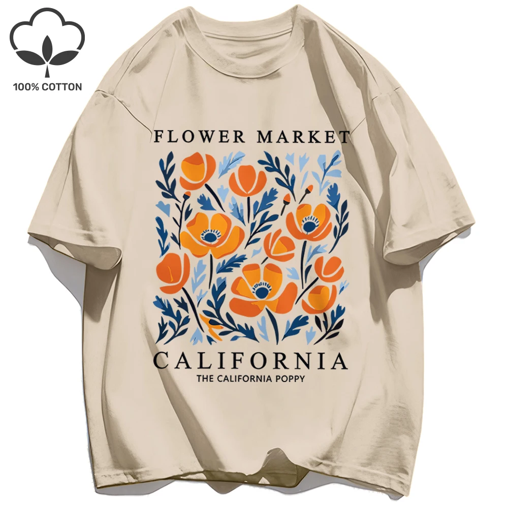 California Yellow Flowers Print Women's Soft Cotton O-Neck Casual Tee