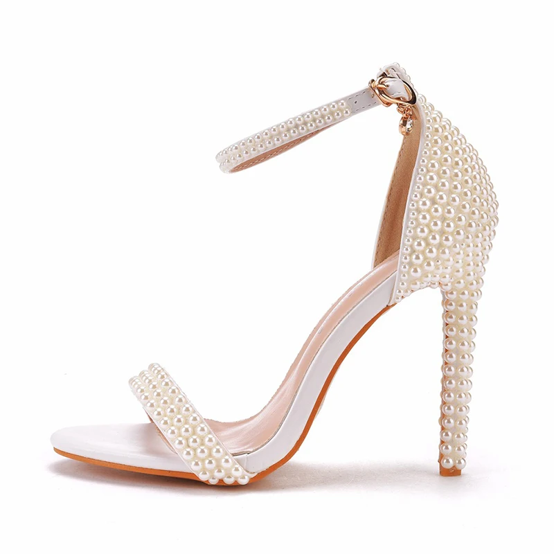 

White Ivory Pearl Bridal Wedding Dress Sandals with Buckle Straps Thin Heel Open Toe Summer Sandals Girl Evening Party Pumps