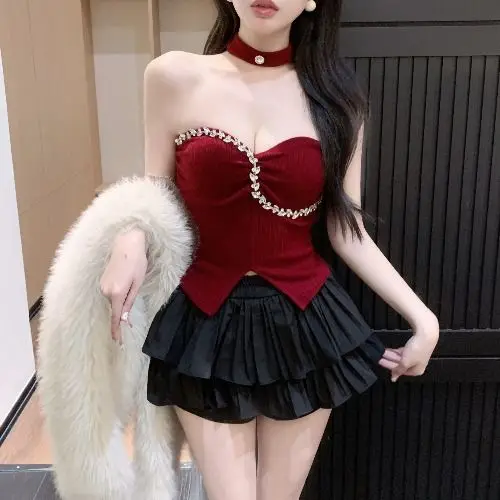 Sexy 2 Pieces Skirt Sets For Women Top And Bottom Clothing New Summer Clothes 2025 Luxury Designer Pleated Skirt Woman Outfit