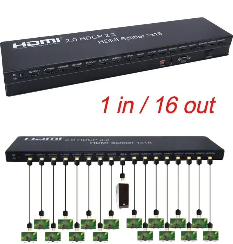 4K 60Hz 1x16 HDMI Splitter Video Distributor HDCP 2.2 HDMI 2.0 Video Converter Multi Screen Display 1 To 6 8 10 12 16 TV Monitor