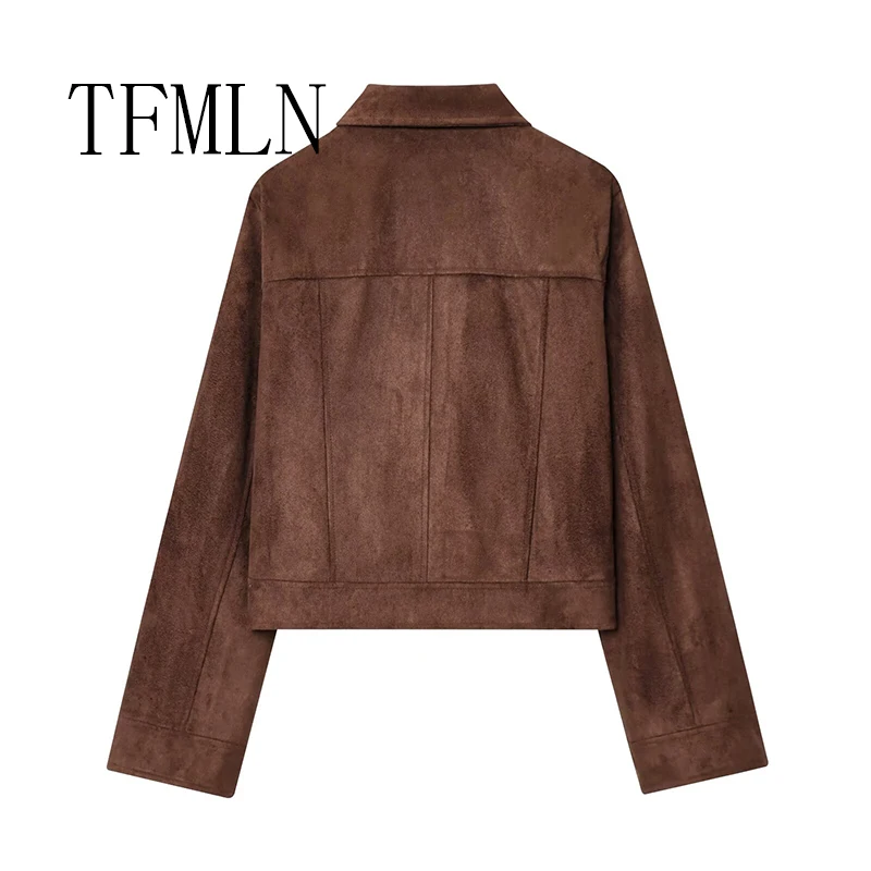 TFMLN Women Fashion Short Suede Jacket Autumn Fashion Long Sleeve Zipper Solid Coat Chic Lady 2025 Streetwear