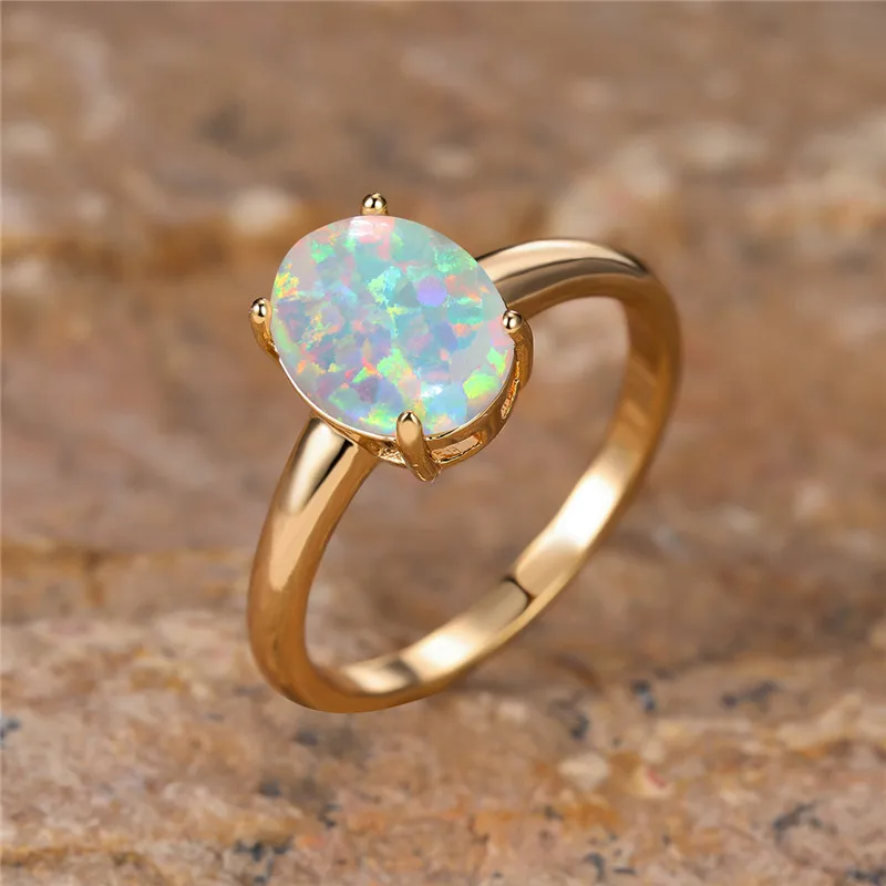Female Cute White Fire Opal Oval Stone Engagement Ring Yellow Gold Color Summer Wedding Jewelry For Women