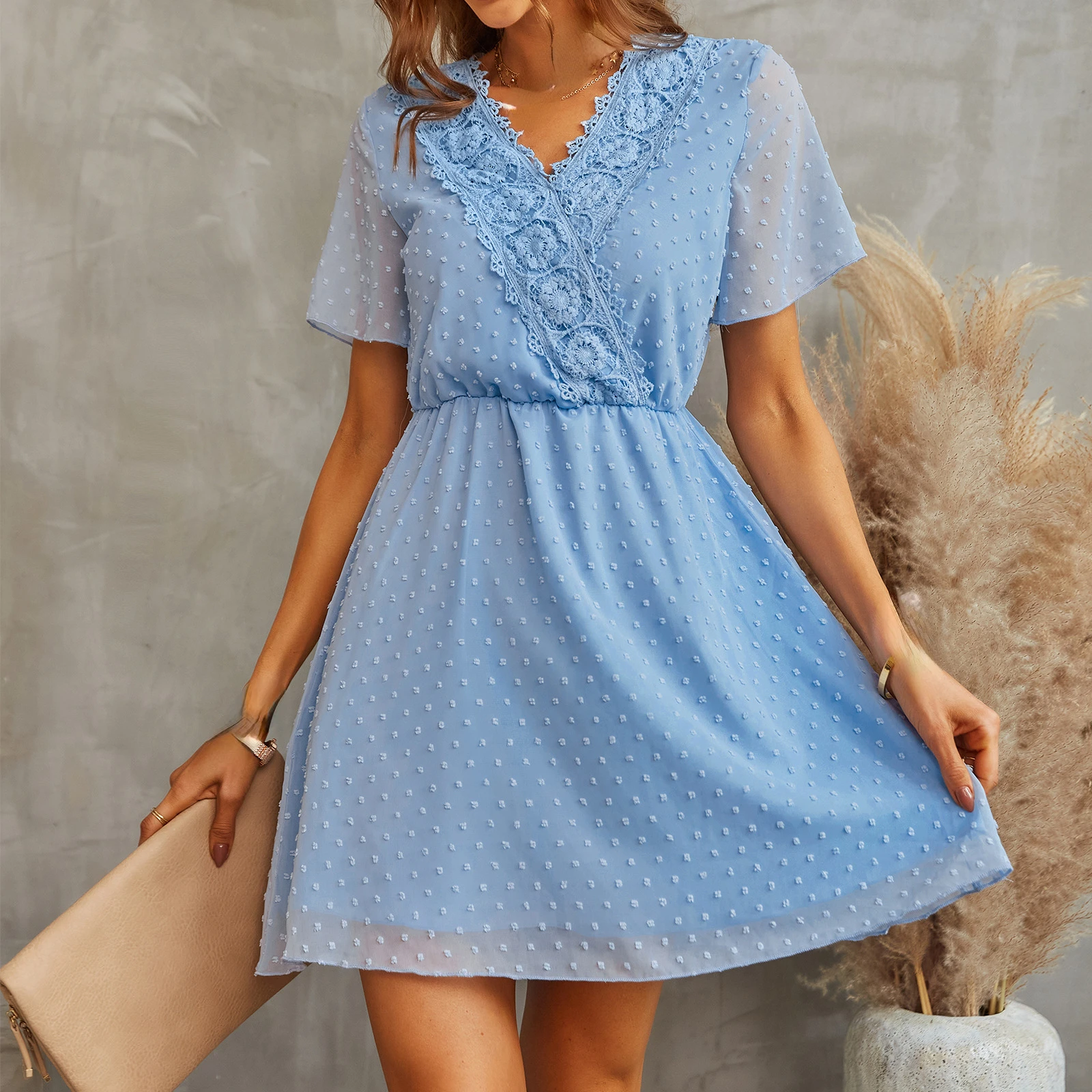 

Women's 2022 Summer New V-neck Lace Polka Dot Dress Casual Office Commuter Dresses Women Lady Fashion Clothing