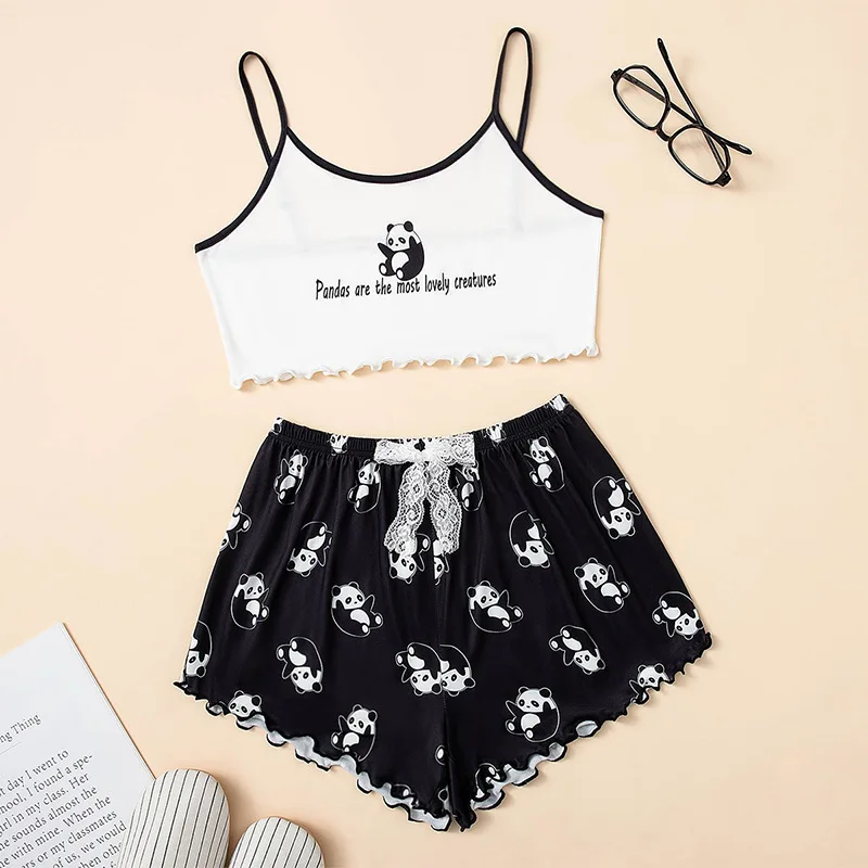 Women's pajamas Animal Butterfly Print Loose sleepwear Sling Homewear Set Sweet V Neck Sleeveless Strap & Shorts summer Pijama night gowns cheap