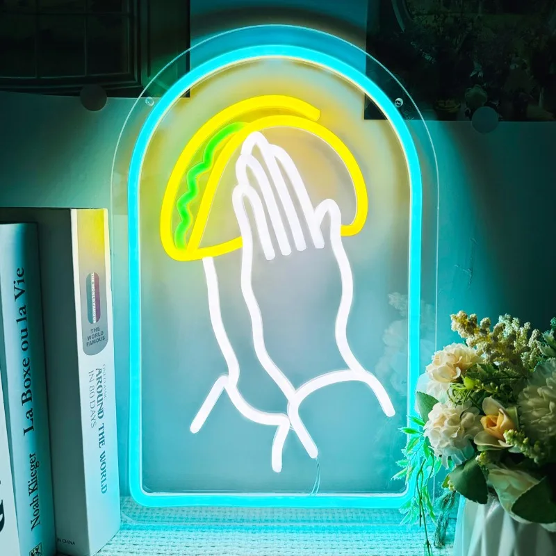 Praying Hands Holding Tacos LED Tacos Neon Light Food Shop Wall Decoration Business Neon Decor Tacos Store Gifts lover