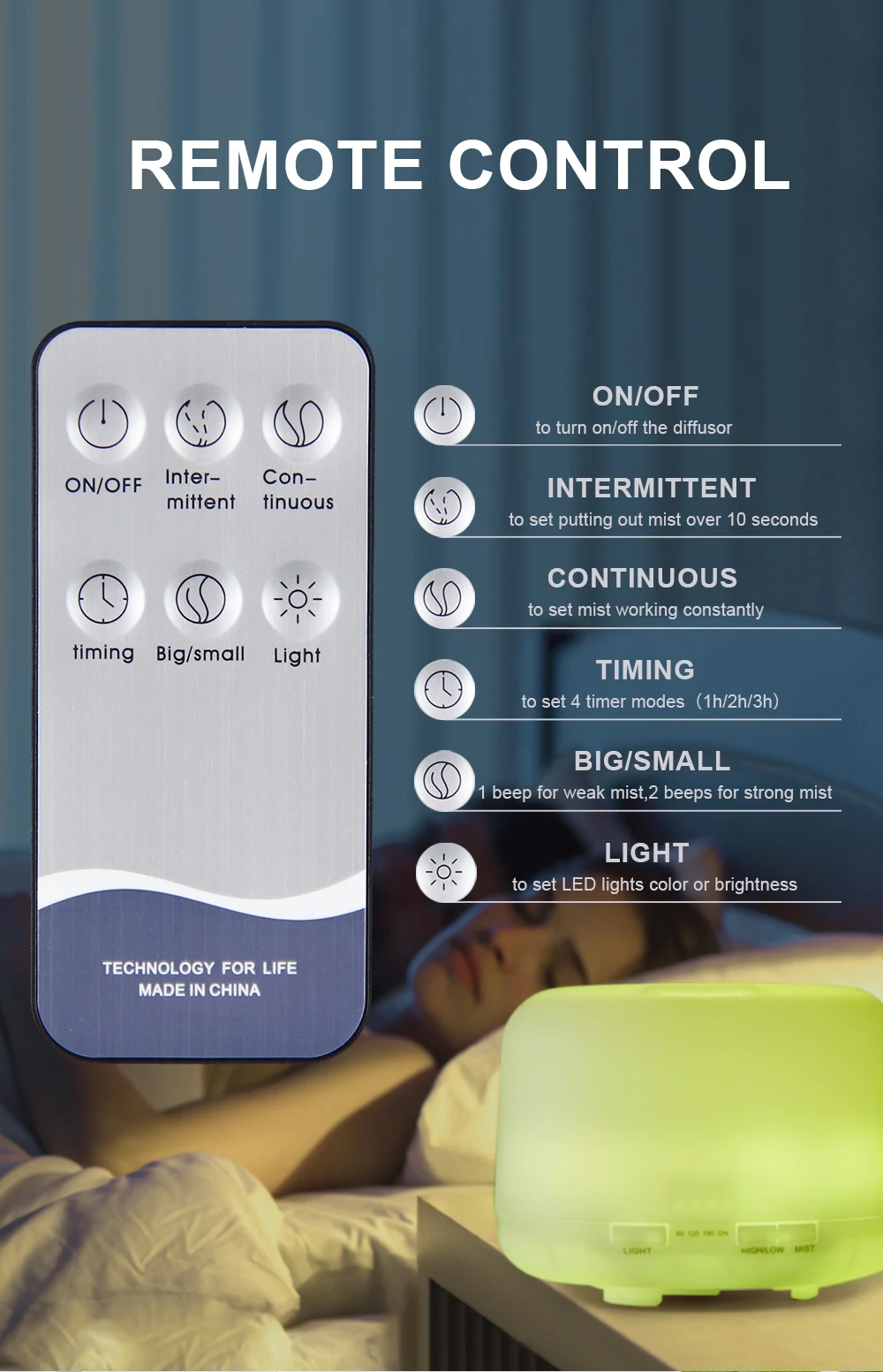 Description Picture 5 of item500ml Essential Oil Diffuser Timing Function Aroma Diffuser Ultrasonic Air Humidifier with Remote Control for Home Office