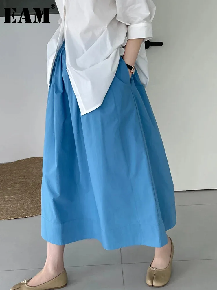 

[EAM] High Elastic Waist Blue Yellow Brief Casual A-line Half-body Skirt Women Fashion Tide New Spring Autumn 2024 1DH5609