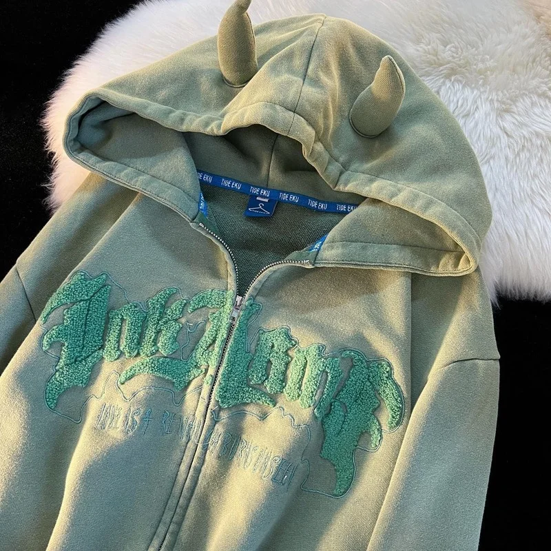 Angel Ears Hoodie Women Letter Embroidery Zipper Hooded Sweatshirt Harajuku Gothic Oversized Jacket Coats Y2k Streetwear - Image 3