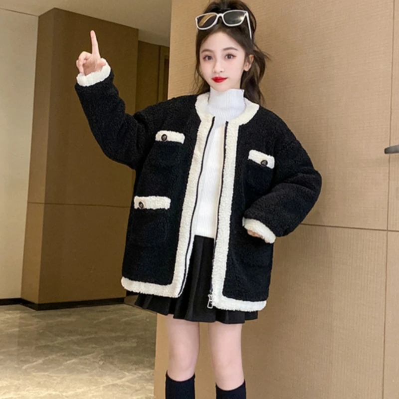 

Girls Coat Jacket Winter Cotton Windbreak 2023 Black Warm Plus Velvet Thicken Teenagers Outwear Children's Clothing