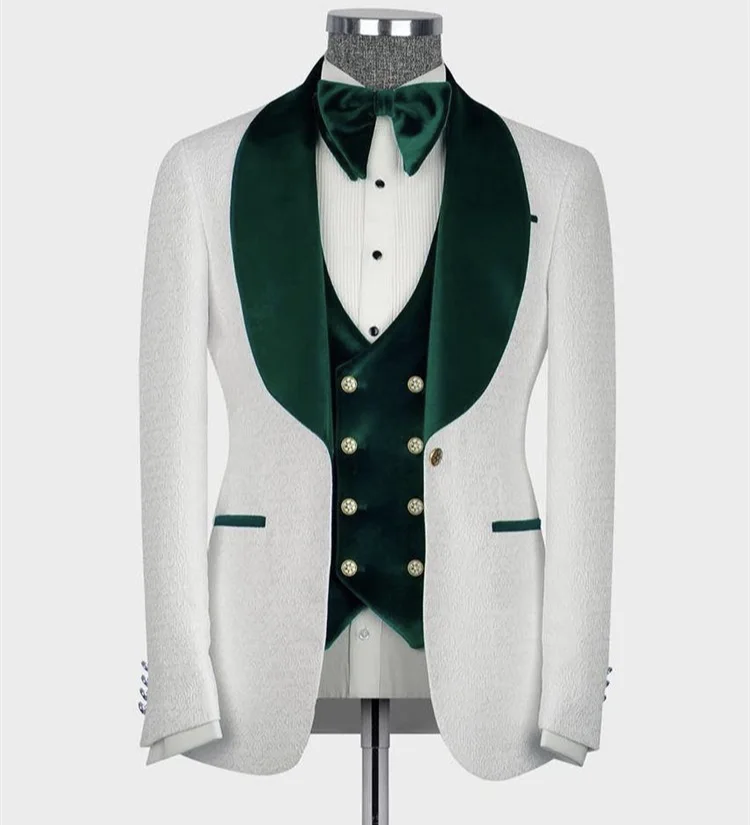 

2023 New Men Suits 3 Pcs Slim Fit Blazer Jacket+Vest+Pant Fashion Custom Green Velvet Shawl Lapel Pattern Wedding Tuxedo Prom
