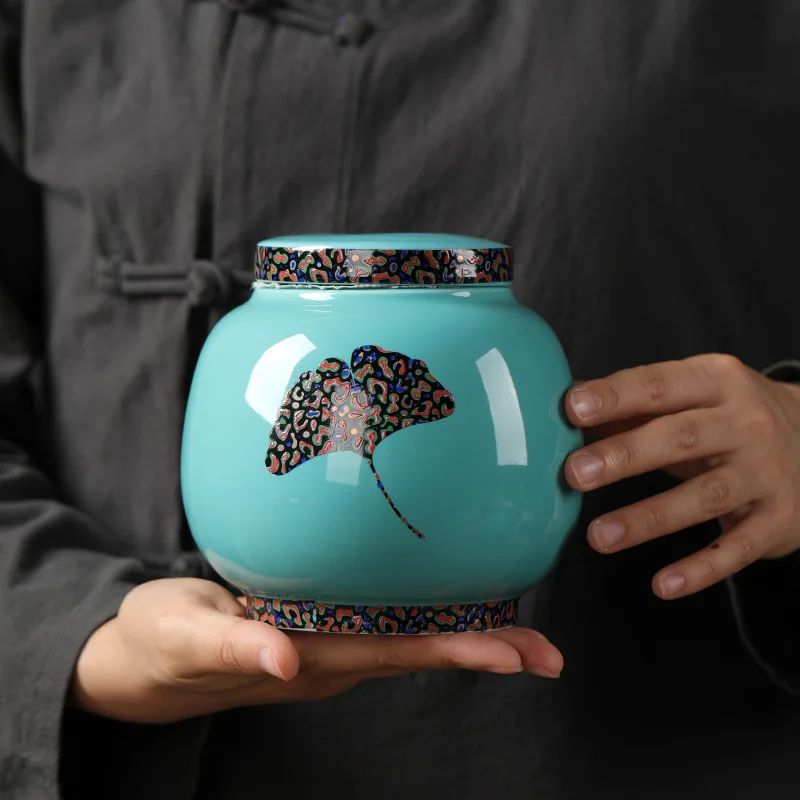 

Modern Irregular Painted Ginkgo Leaf Porcelain Jar Ceramic Seal Tea Coffee Candy Tank Moisture-proof Kitchen Food Seasoning Jar