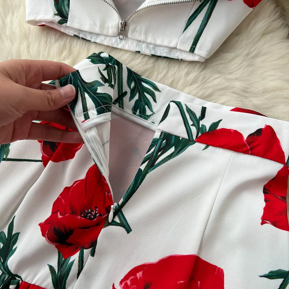 Runway Summer Maxi Skirt Top Suit Two Pieces Womens Outfits Fashion Floral Print Spaghetti Strap Holiday Beach Dress Set M530