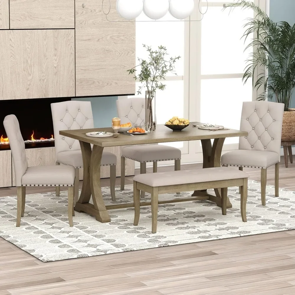 6-Piece Dining Table Set with Bench and 4 Upholstered Chairs 3