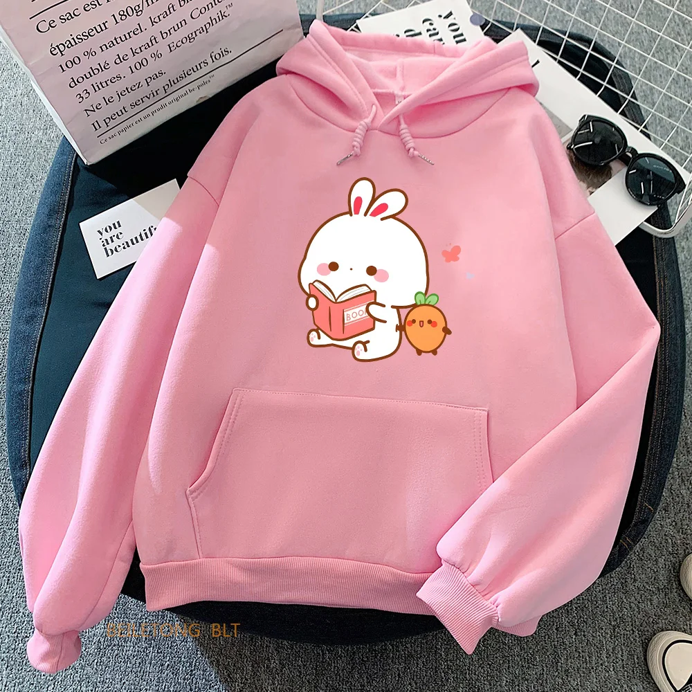 Rabbit and Carrot Cute Printed Hoodies Kawaii Long Sleeve Girls Sweatshirt with Hooded Women/Men Clothing Casual Comfortable