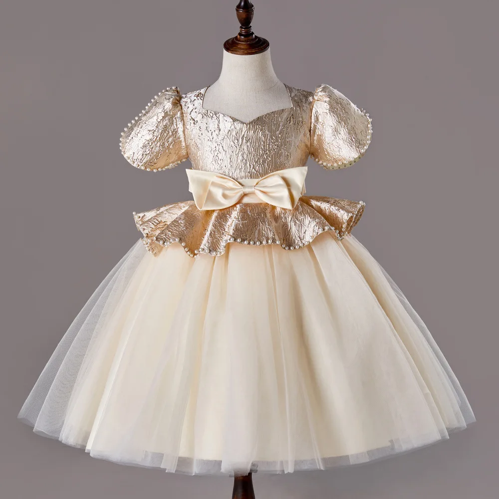 

ELBCOS 4-14T Kid Girls Solid Wrinkle Batwing Short Sleeve Bowknot Belt Stratification Pleat Costumes Evening Full Dress