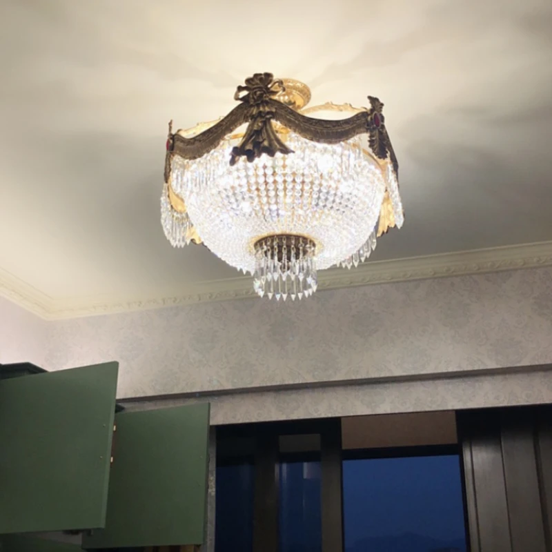 

All-Copper Luxury Ceiling Lamp Vintage Crystal Atmosphere Villa Dining Room Bedroom Study Lamp