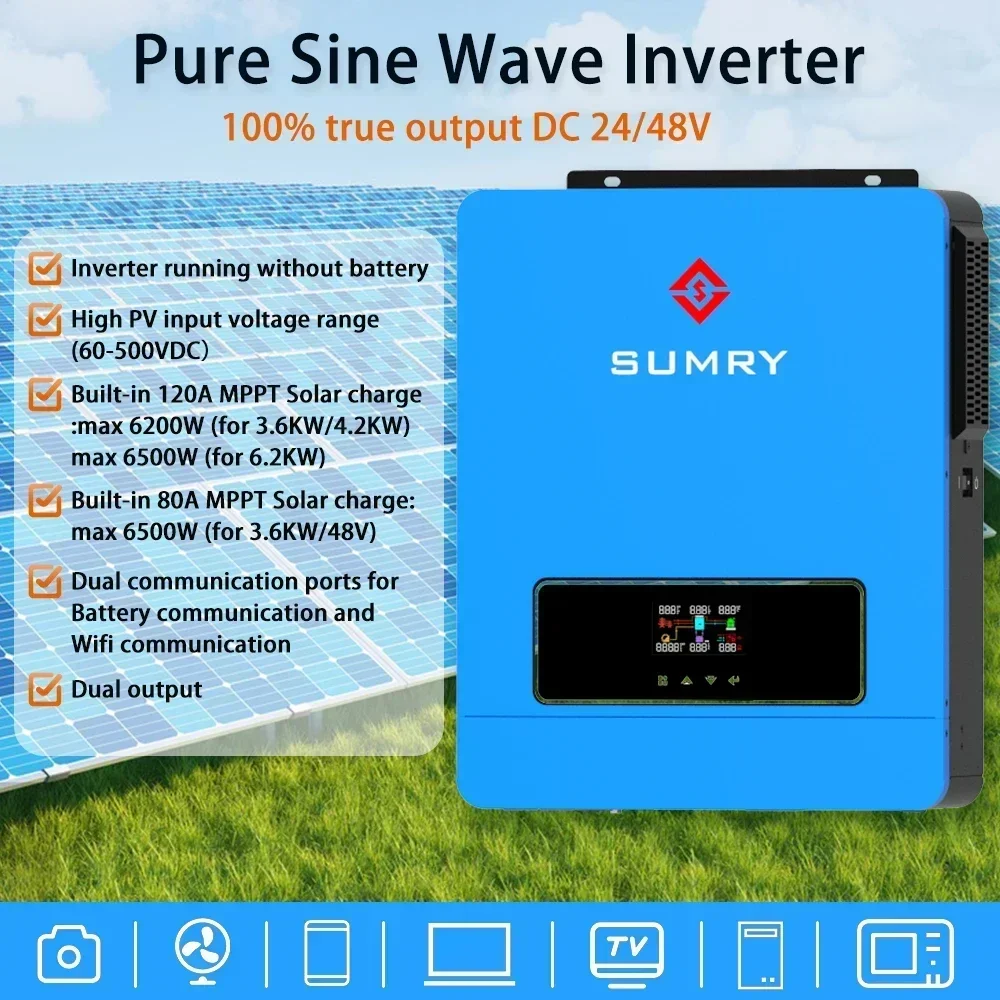 SUMRY Solar Inverter 24v 48vdc 110v 220v 3.6kw 4.2kw 6.2lw Hybrid Power Inverter for Home Use Grid Tie