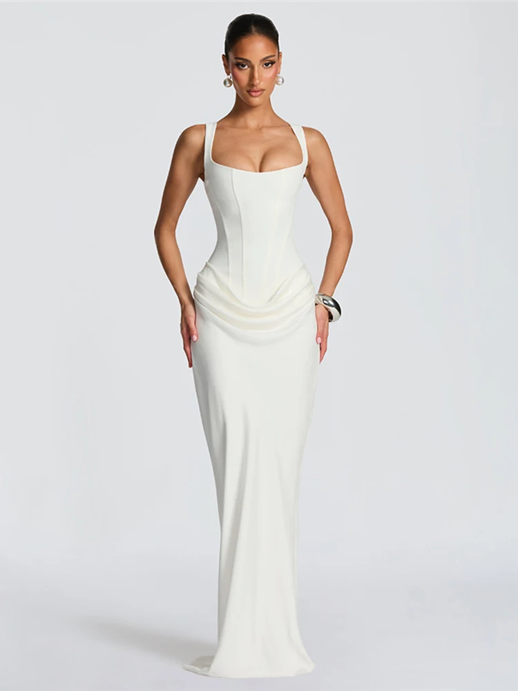 Nibber Fake Fake Decoration Maxi Dress Sleeveless Backless Low-Neck Folds Elegant Banquet Simple Classic Skinny Chic Vestidos