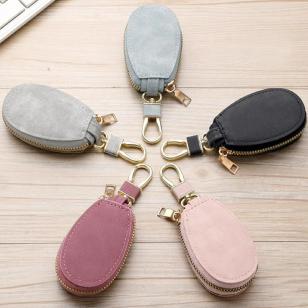 Premium Leather Keychain Mini Coin Purse and Card Holder with Dual Keyrings and Zipper Closure