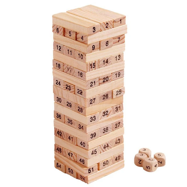 Colored Wooden Building Block Dominoes, Tumbling Tower Game with 2 Dice (48  Pieces)