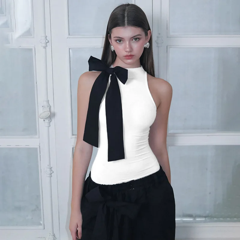 

Women Sleeveless Bow Body Tops Fashion Slim Fit Bodysuits O Neck Contrast Color Y2k Fairy One-Pieces Ladies Party Outfit