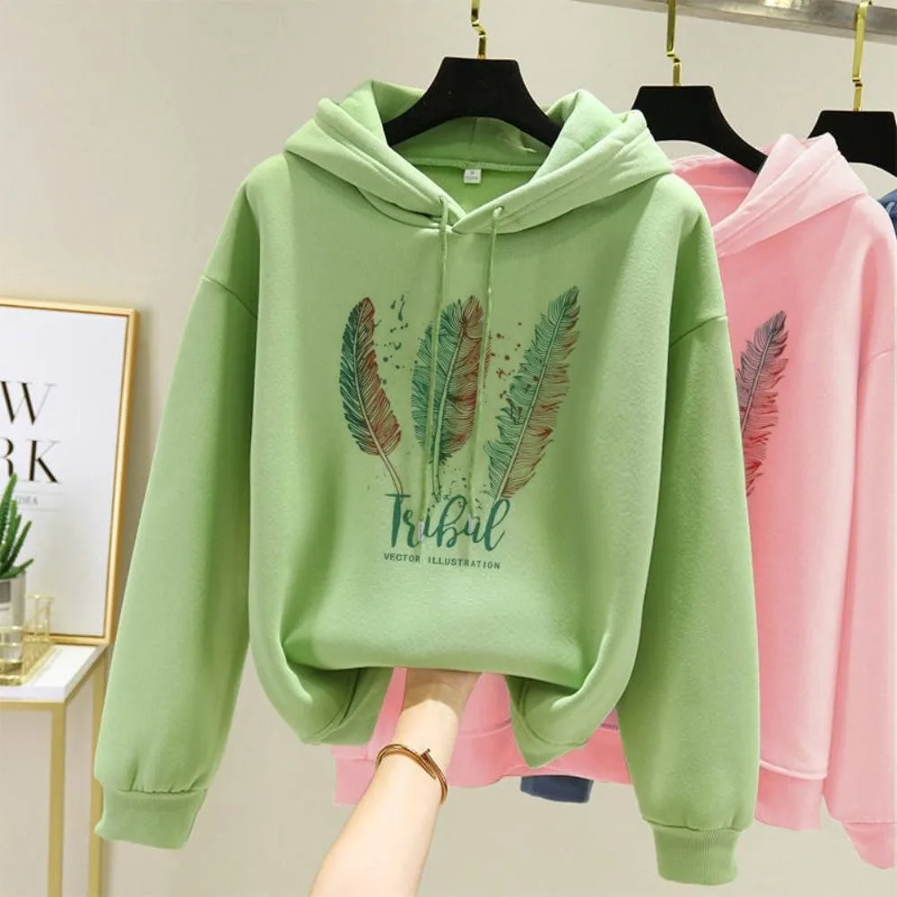 

Long Sleeve Feather Printed Hoodies Thickening with Fluff Women Loose Sweatshirt with Drawstring Hood Plus Size