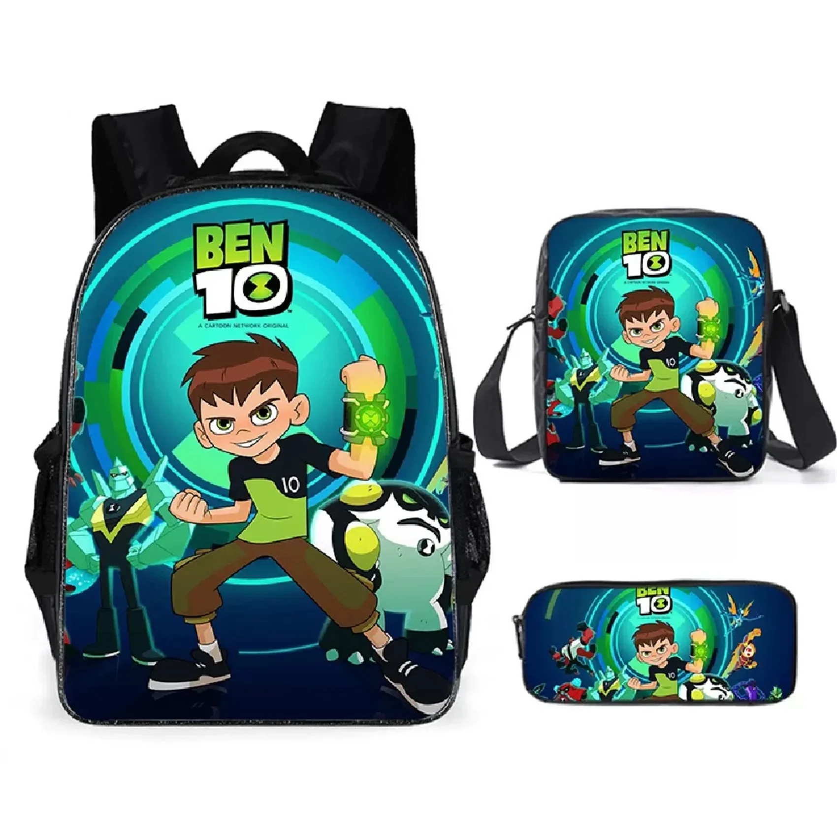 Lightweight Ben 10 Backpack with Single Shoulder Bag+Pencil Case 3Pcs Set,Back to School Student 3 in 1 Book Bag Set 2