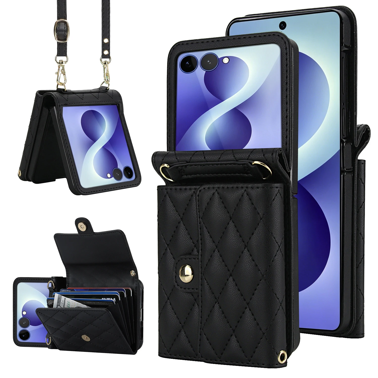 Luxury Foldable Leather Wallet Phone Case with Removable Crossbody Lanyard