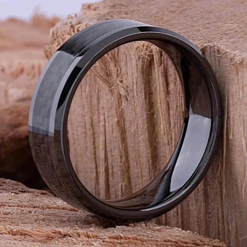 Wedding Rings 8MM Men Stainless Steel Inlaid Black Carbon Fiber for Men Women