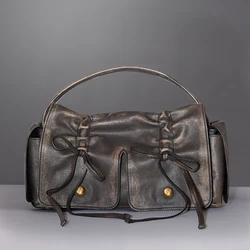 Moto & Biker Bags For Women Luxury Designer Handbag And Purses 2023 New In Distressed PU Leather Rivet Bow Underarm Shoulder Bag