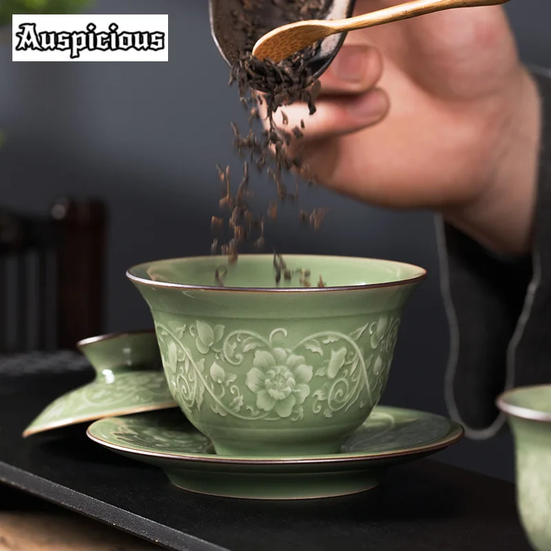 Longquan Celadon Shallow Gaiwan 150ml Zen Relief Entangled Lotus Flower Tea Tureen Tea Making Cover Bowl Ceremony Decoration