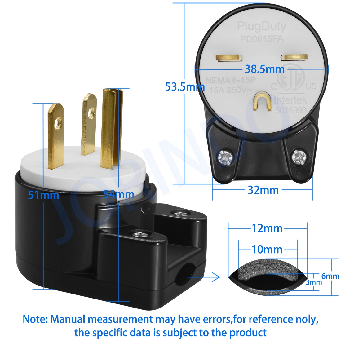 JORINDO NEMA 6-15P 90 Degree Right Angle Male plug 15A 250V DIY Easy Assembly 15Amp 250Volt US Standard 3 pin self-wiring plug