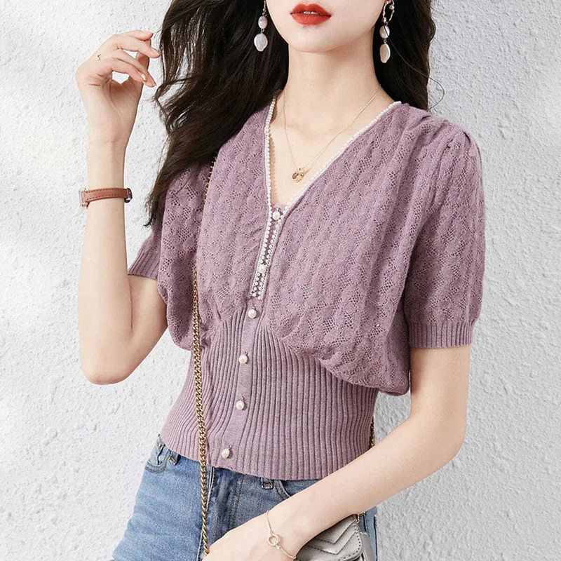 Fashion V-Neck Solid Color Beading Casual Blouse Women's Clothing 2024 Summer New Loose Commute Pullovers Chic Shirt