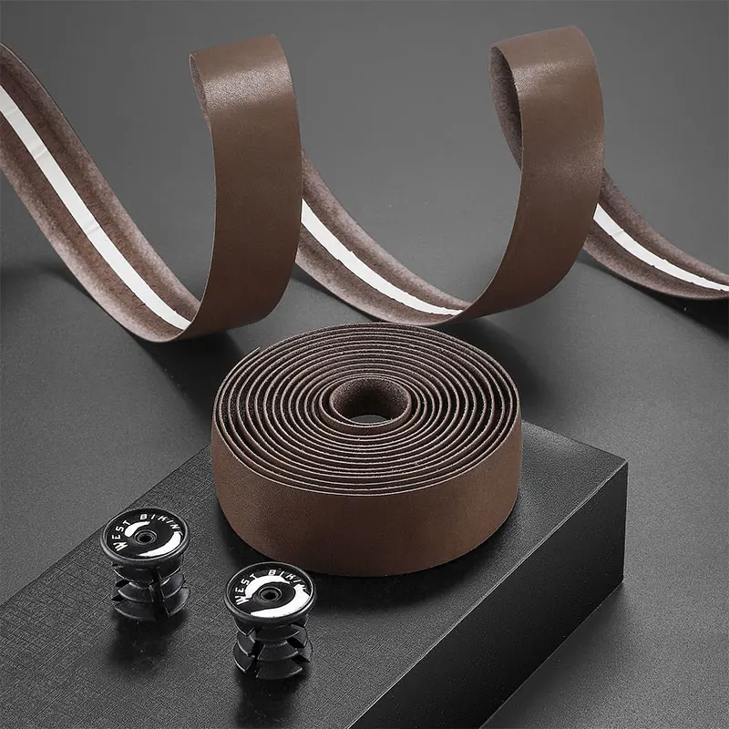 WEST BIKING Real Cowhide Bicycle Handlebar Tape Durable 215cm Bike Bar Tape Cycling Damping Wrap Straps End Plug Accessories