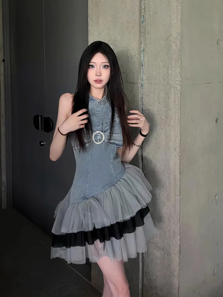 

Fashion Denim Dress Sexy mini Female Vestidos Mesh Stitching Dress Robes