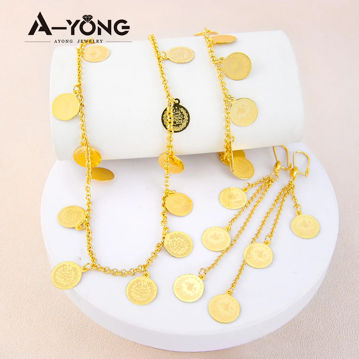 Turkish Coins Necklace Set 21k Gold Plated Copper Arab Elegant Zircon Jewelry for Women Wedding Party Gifts jewelry set gold necklaces