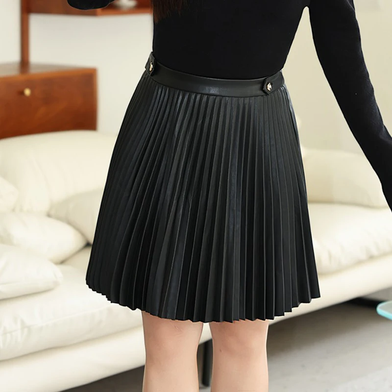 Women Plus Size Mini Skirt Premium Commuter Simple High Waist Harmonium Pleated PU Leather Autumn Winter 2025