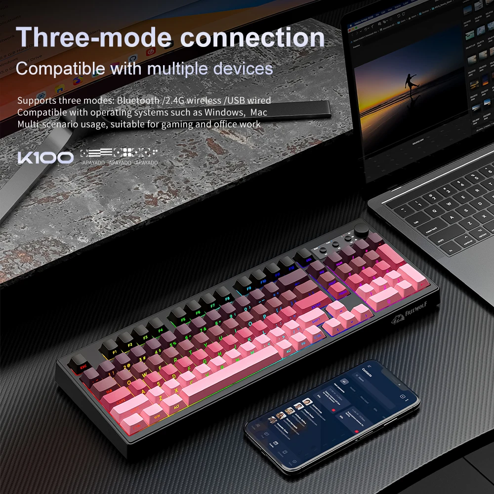프리울프 K100 무선 키보드, 미디어 노브 포함, 저소음 | 측면 인쇄 백라이트 | 4000mAh | 26키 롤오버 기계식 느낌 키보드