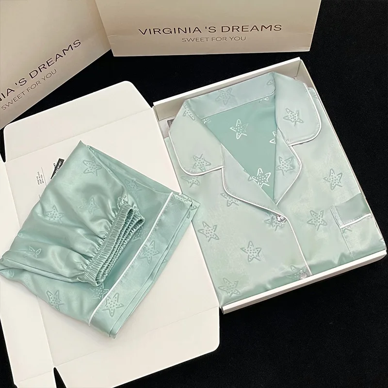Ling Button Down Loungewear Pajamas Freshness Ice Silk Satin Sleepwear Women 2PCS Fashion Women's Home Wear Short Sleeved Set