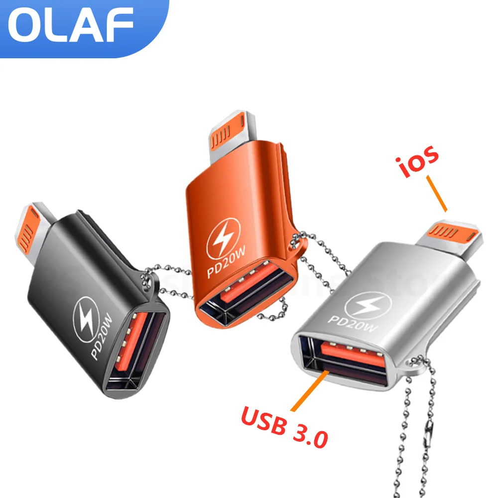 Olaf 고속 충전 어댑터, 아이폰 13, 14 프로, XS 맥스, XR, X, 8, 6s, 아이패드 데이터 전송, 체인 포함, USB3.0 라이트닝 20W OTG